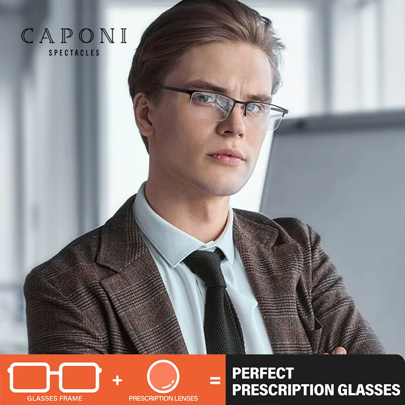 CAPONI Prescription Men Eyeglasses Frame Pure Titanium Anti Blue Light Glasses Simple Light Weight Classic Spectacles PJ98016