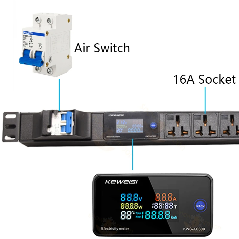 16A Power Strip For Network Cabinet Power Distribution Unit 2-7 Ways Universal Socket Digital voltage measuring instrument