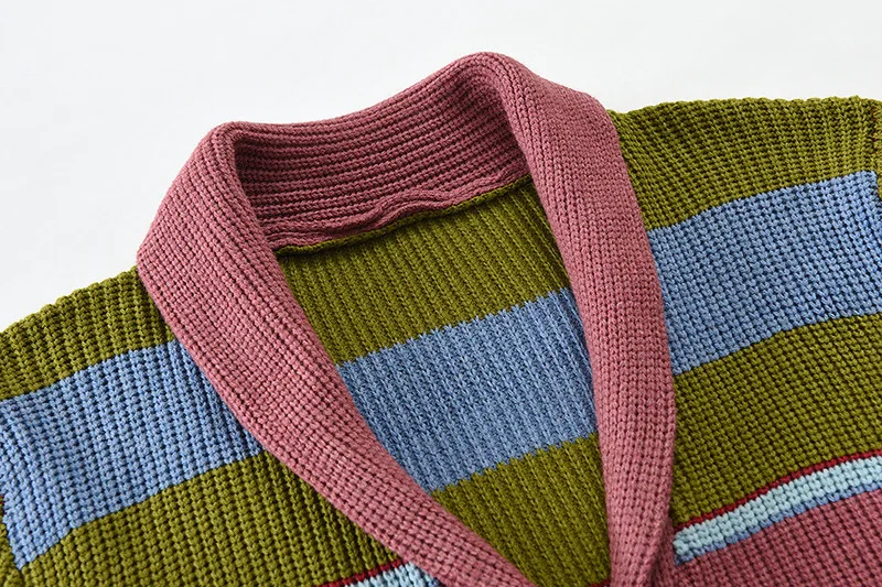 Herren Schalkragen Strickjacke Herbst Winter Farbblock Gestreifter Pullover Vintage Knopfleiste Lässige Lose Oberbekleidung Für M – Detail 17