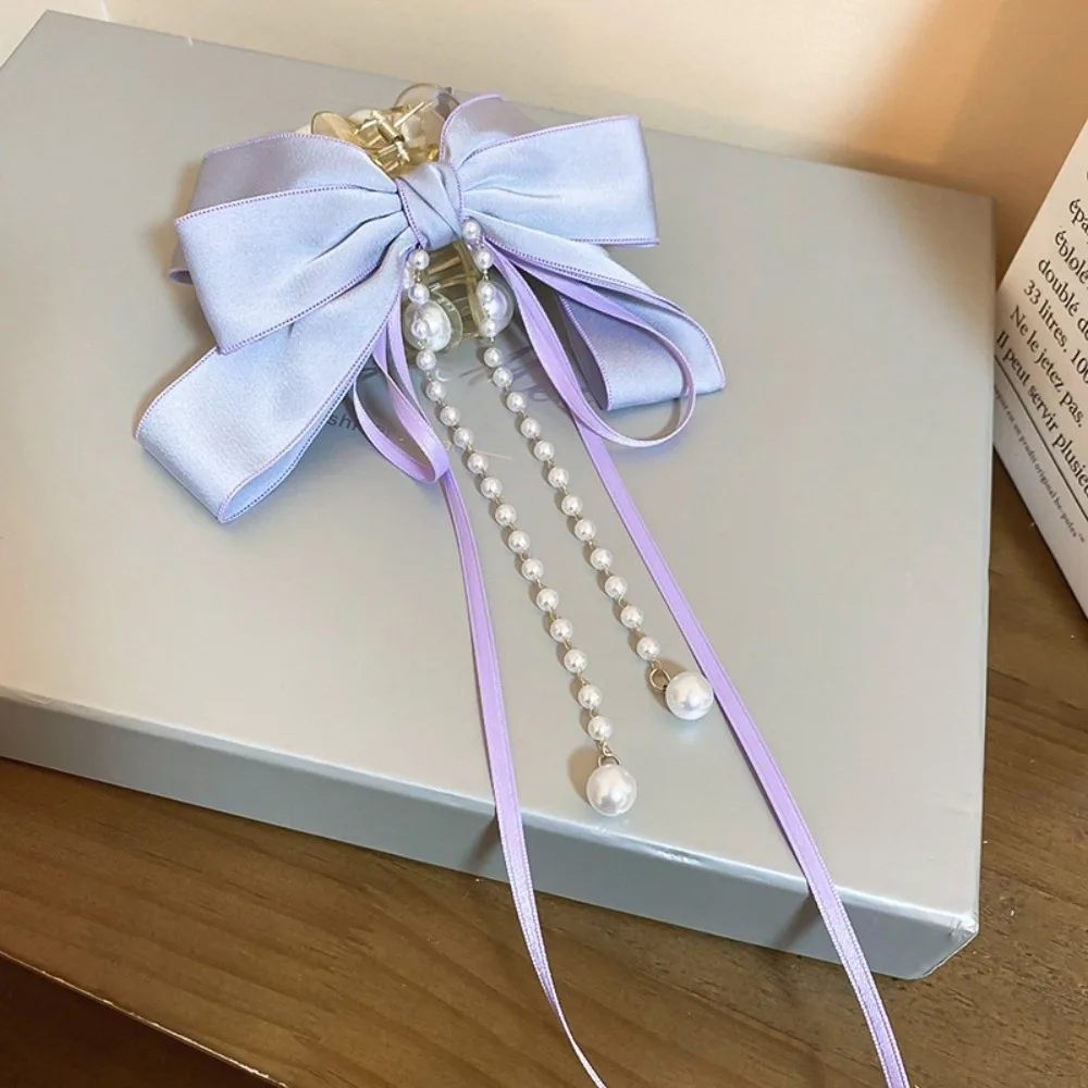 

Модный бант с жемчугом, когти для волос, цепочка с кисточками, элегантная заколка для волос, длинная лента, головные уборы, аксессуары для волос