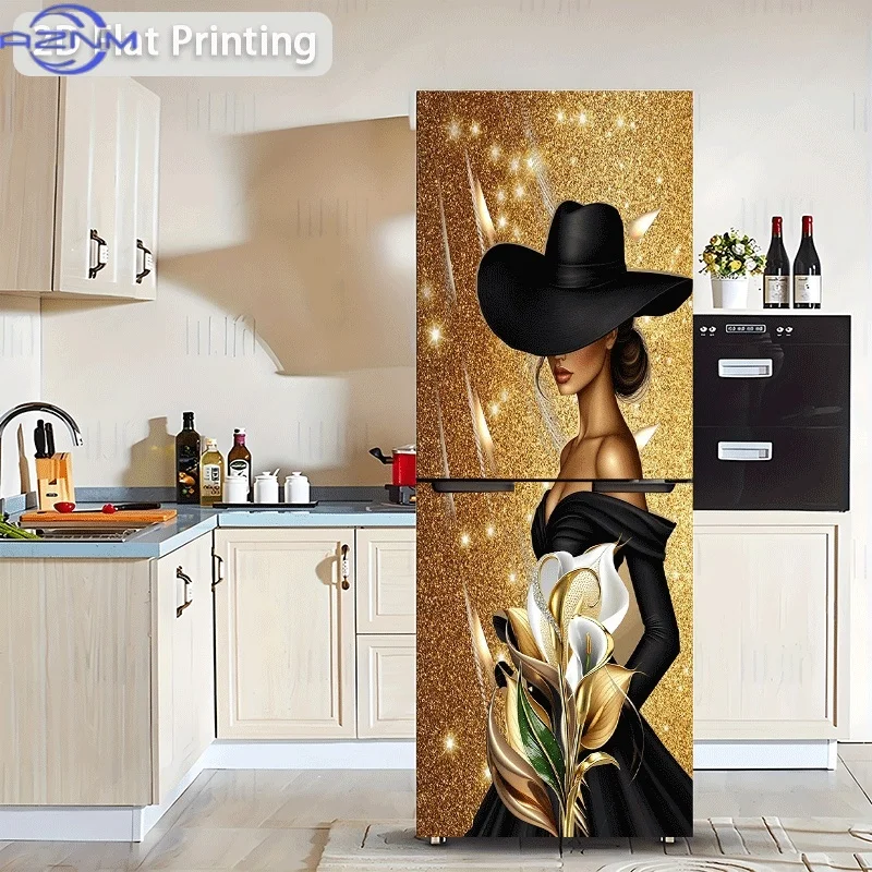 of Refrigerator Sticker Measuring 60X180 Cm Featuring a Woman in a Black Hat with a Golden Floral Theme, Self-Adhesive Wall De