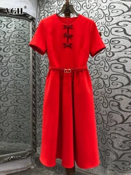 VGH Solid Patchwork Bowknot Loose Dress For Women Round Neck Short Sleeve High Waist Spliced Belt Elegant Dresses Female Style