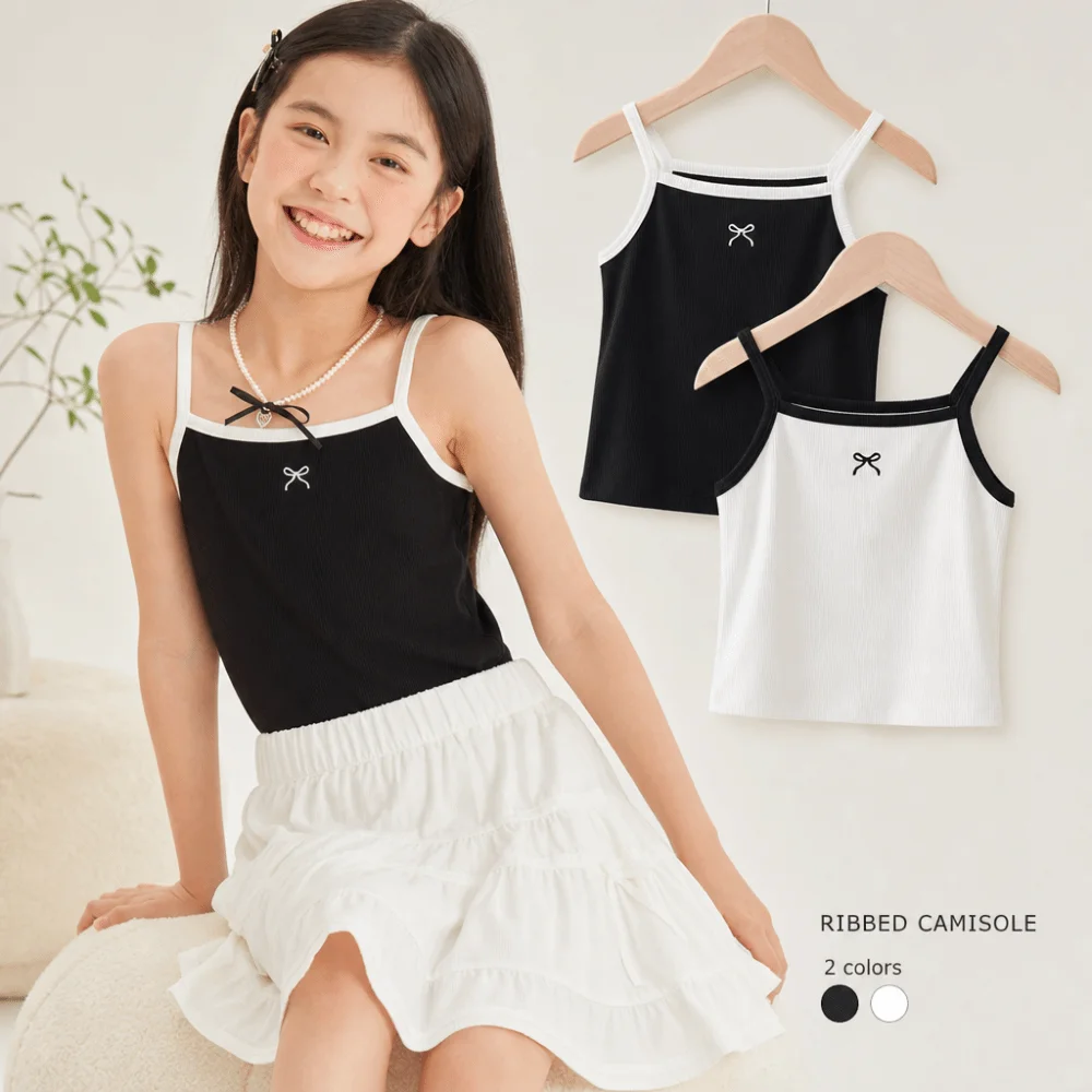 Ribbed Knit Girls Camisole Top Contrast Trim Spaghetti Straps Cropped Vest Bow Embroidery Round Neckline Tank Top Casual Wear