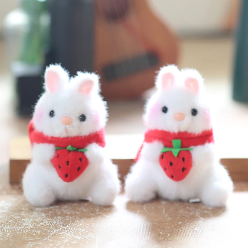 Cute Strawberry Rabbit Bunny Plush Doll Soft Ragdoll Keychain Lanyard Pendant Girly Bag Hanging Ornaments Stuffed Toy Kids Gifts