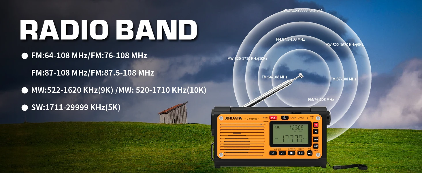 XHDATA D-608WB Notfall-Wetterradio mit Kurbel, FM/AM/SW/NOAA-Alarm, tragbares Radio mit Telefonladegerät, Bluetooth, batteriebetrieben – Detail 3