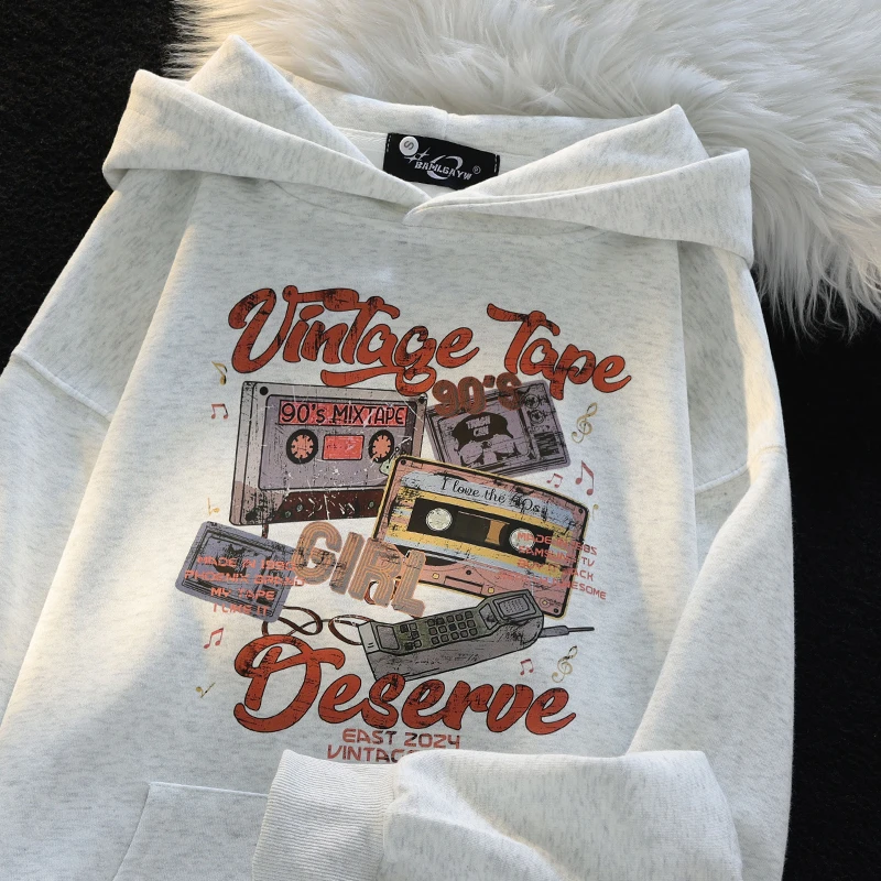 الأمريكية خمر الشريط طباعة مقنعين البلوز المرأة الخريف العصرية العلامة التجارية الهيب هوب فضفاض Bf تنوعا زوجين هوديي الأعلى