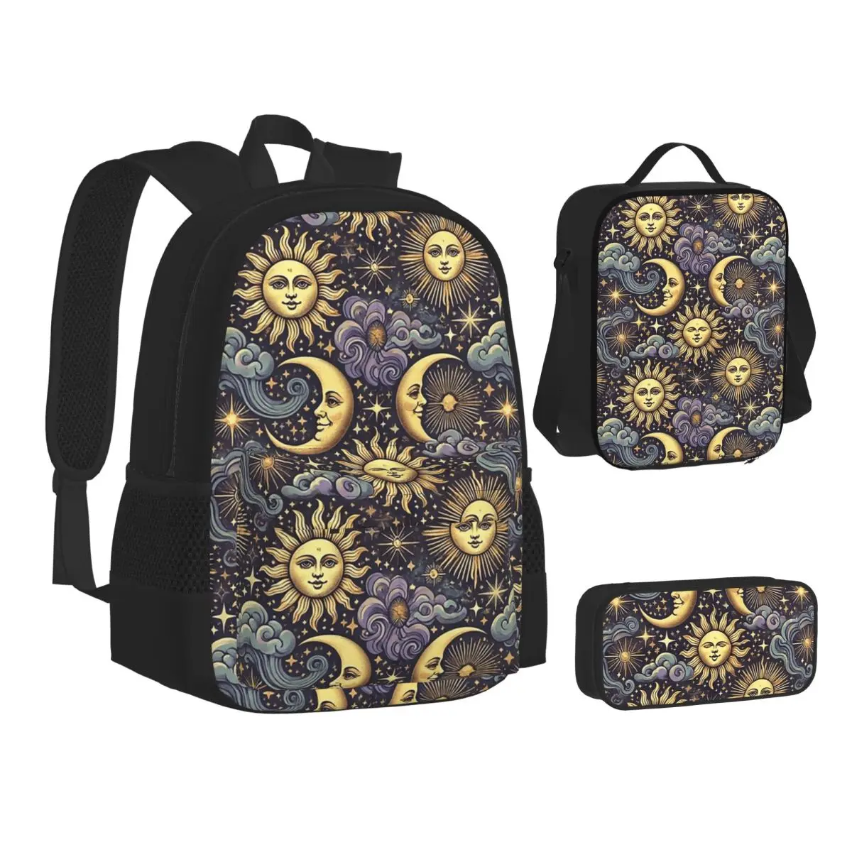 

Sun And Moon Whimsigoth Pattern Backpacks Boys Girls Bookbag School Bags Kids Rucksack Lunch Bag Pen Bag Three-Piece Set