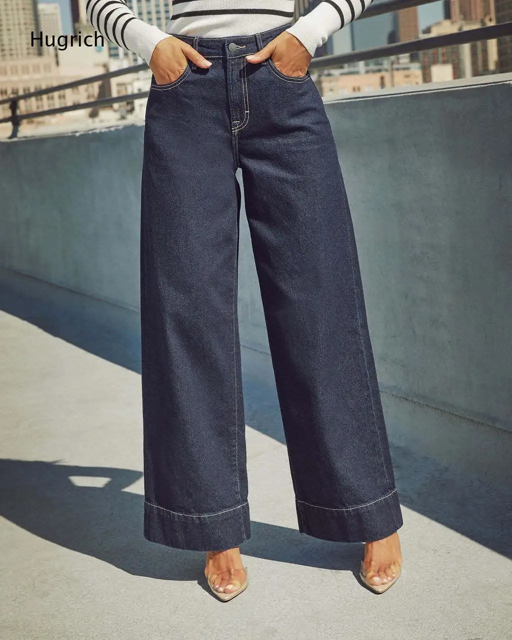Dark Raw Wash Wide Leg Denim Jeans For Women High Waist Single Button Front Zip Loose Straight Contrast Stitch Long Pants
