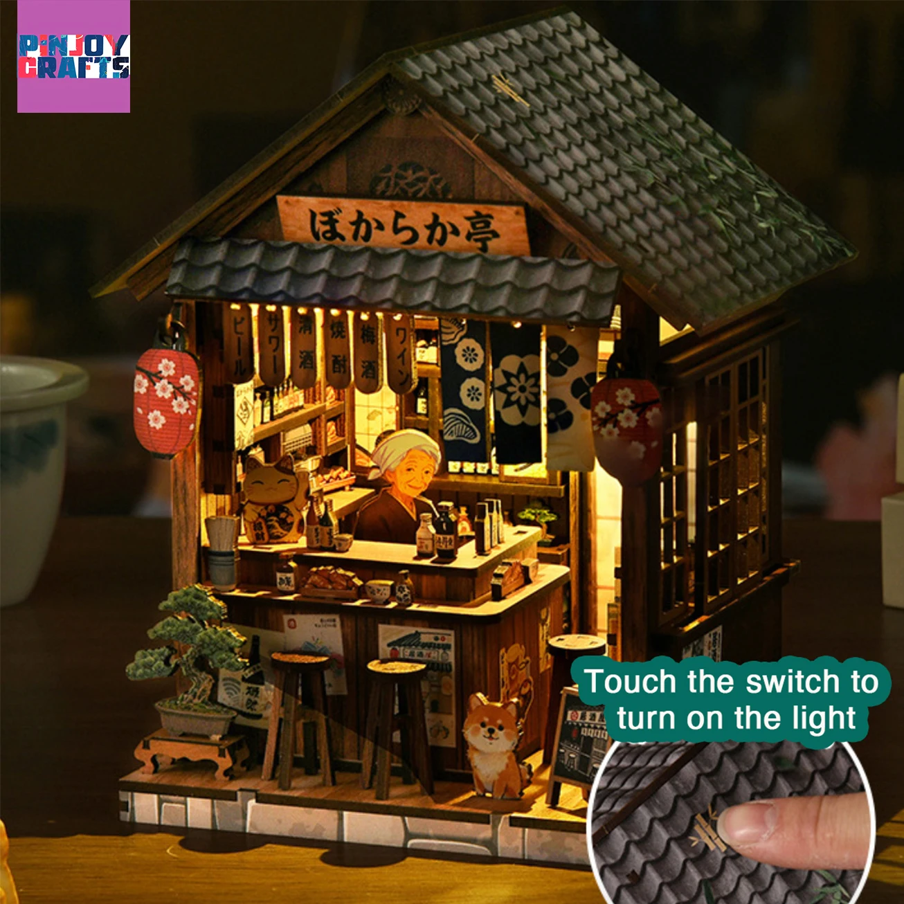 Wooden DIY Dollhouse Kit, Japanese Izakaya Miniature House, Stress‑Relief Desktop Decor for Ages 13+, Hand‑Assembled Craft Gift