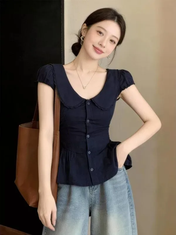 

Korean Style Short Sleeve Doll Collar Single Button Women's Shirt Summer Fashion Age Reduction Design Sense Top Breathable Sk...
