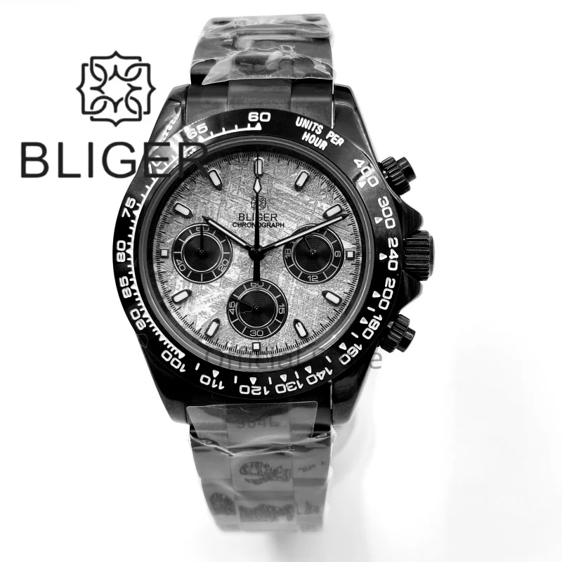 BLIGER 39mm Retro Full Black Chronograph Men's Quartz Watch Stainless Steel Sapphire Waterproof Meteorite Dial Relogio Masculino