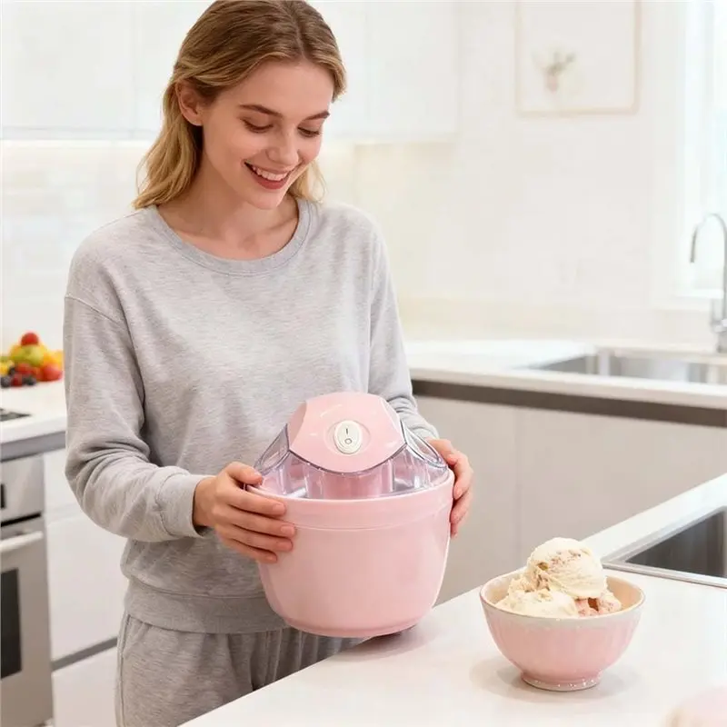 CKFAM-Mini Ice Cream Maker EU Plug, компактная персональная машина для приготовления десертов одним нажатием кнопки, для йогурта, сорбета, мороженого, розовая