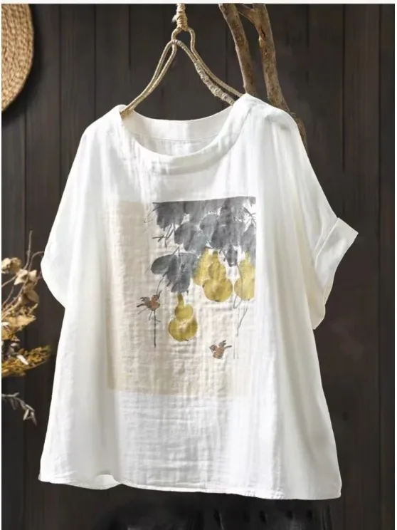 Summer New Loose Casual Pure Cotton ort Sve Overhead irt Women's Artistic Printed Top Faionable Versatile ort Sle