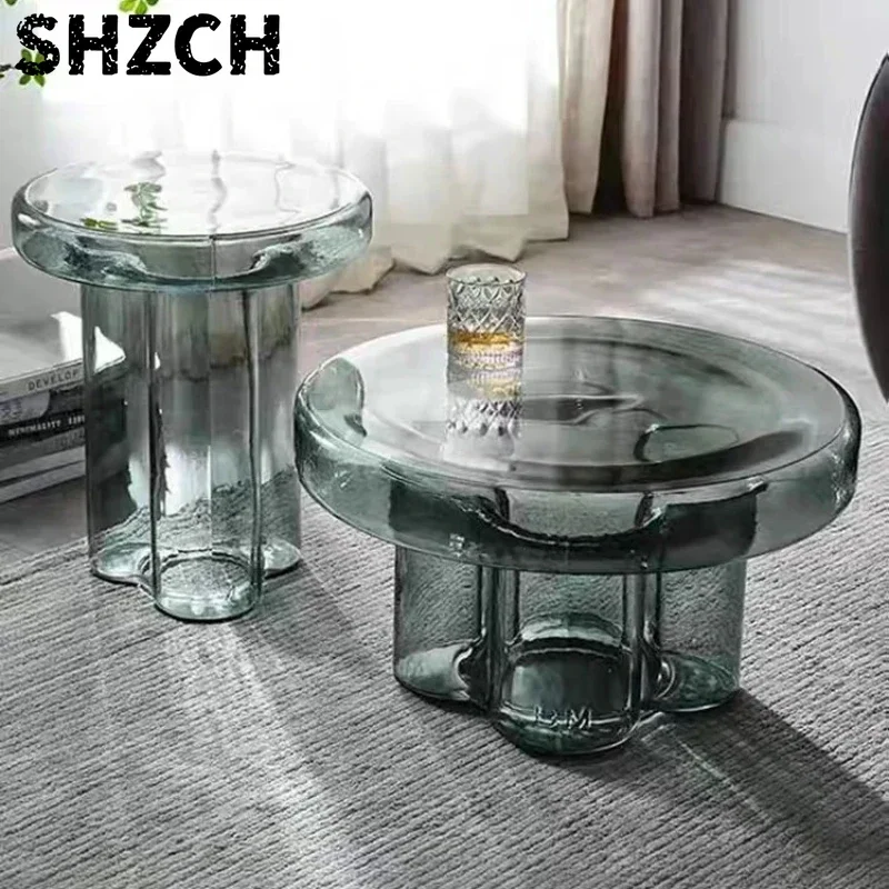 ‌Luxury Italian Glass Round Coffee Table - Modern Living Room Center Side Table, Stylish Sofa End Table with Metal Base