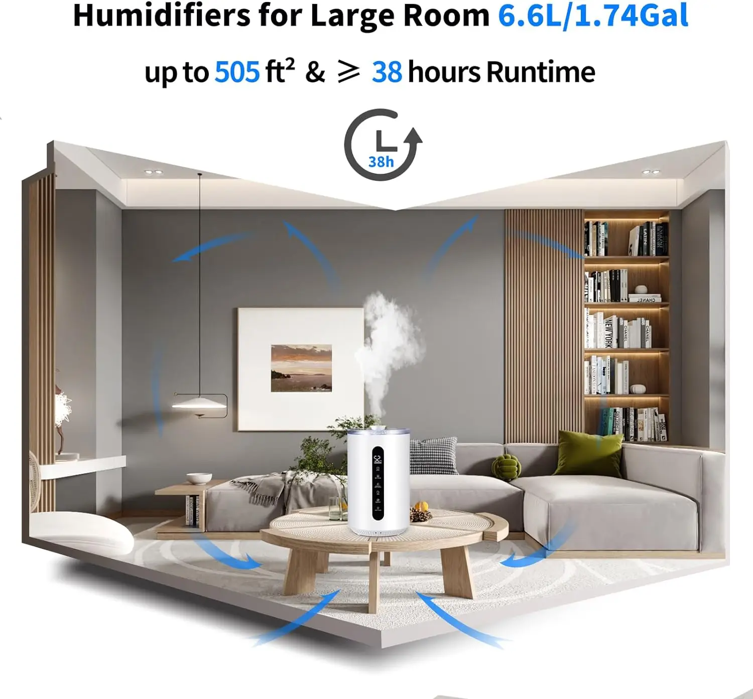 Topfill Tower Umidificadores para sala grande, 6.6L, 1.74Gal, Ultrasonic, Warm and Cool Mist, Umidificador de ar para quarto, Temporizador 8H