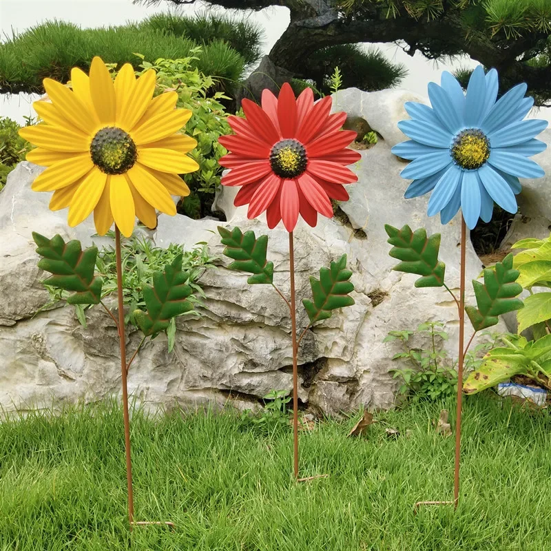 Sunflower Windmill Metal Pinwheel Garden Stake Wind Spinner Sculptures For Outdoor Garden Balcony Patio Lawn Decoration
