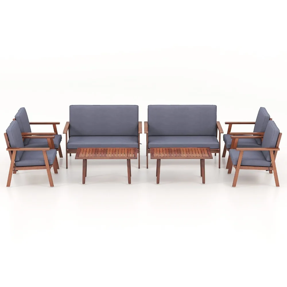 

8PCS Conversation Set Acacia Wood Sofa Coffee Table w/ Cushioned Seat Patio