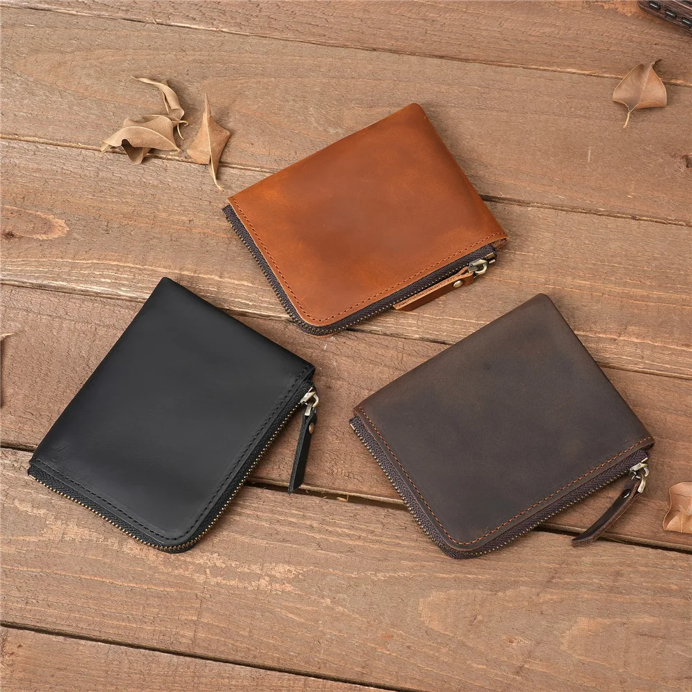 1136 Unisex Leather Short Wallet Retro Top Layer Cow Pickup Bag Black Zipper Crazy Horse Leather Wallet