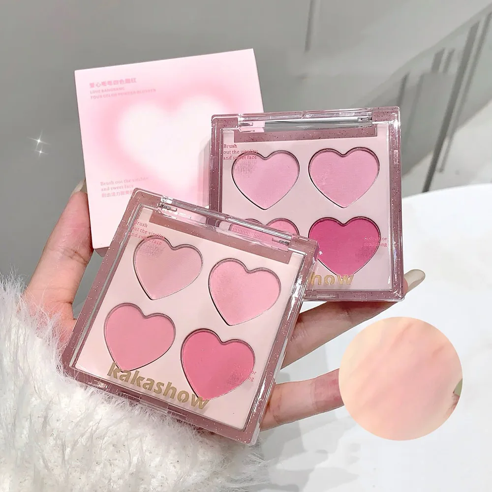 Kakashow Four-Color Heart Blush Palette, -Fine Texture & Natural Color Blush Powder for Brightening,Cute Packaging Design