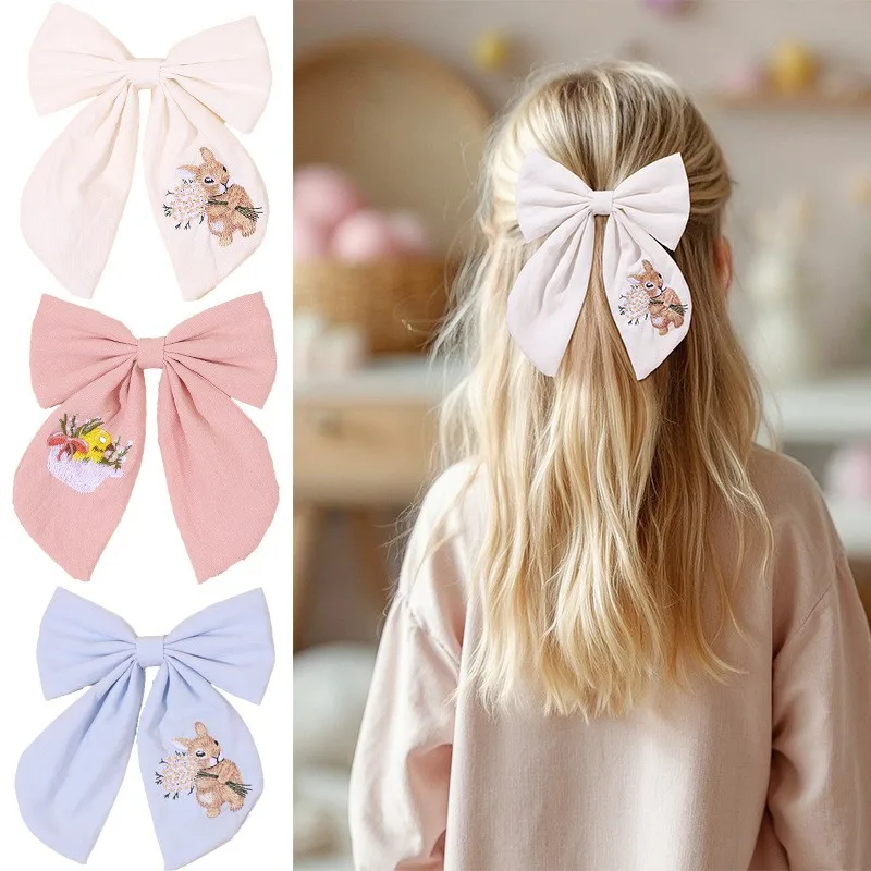 24pcs/lot 5-Inch Cotton Fable Bow Hair Clips Baby Girls Rabbit Embroidered Barrettes Easter Themed Hair Accessories Bulk Pack