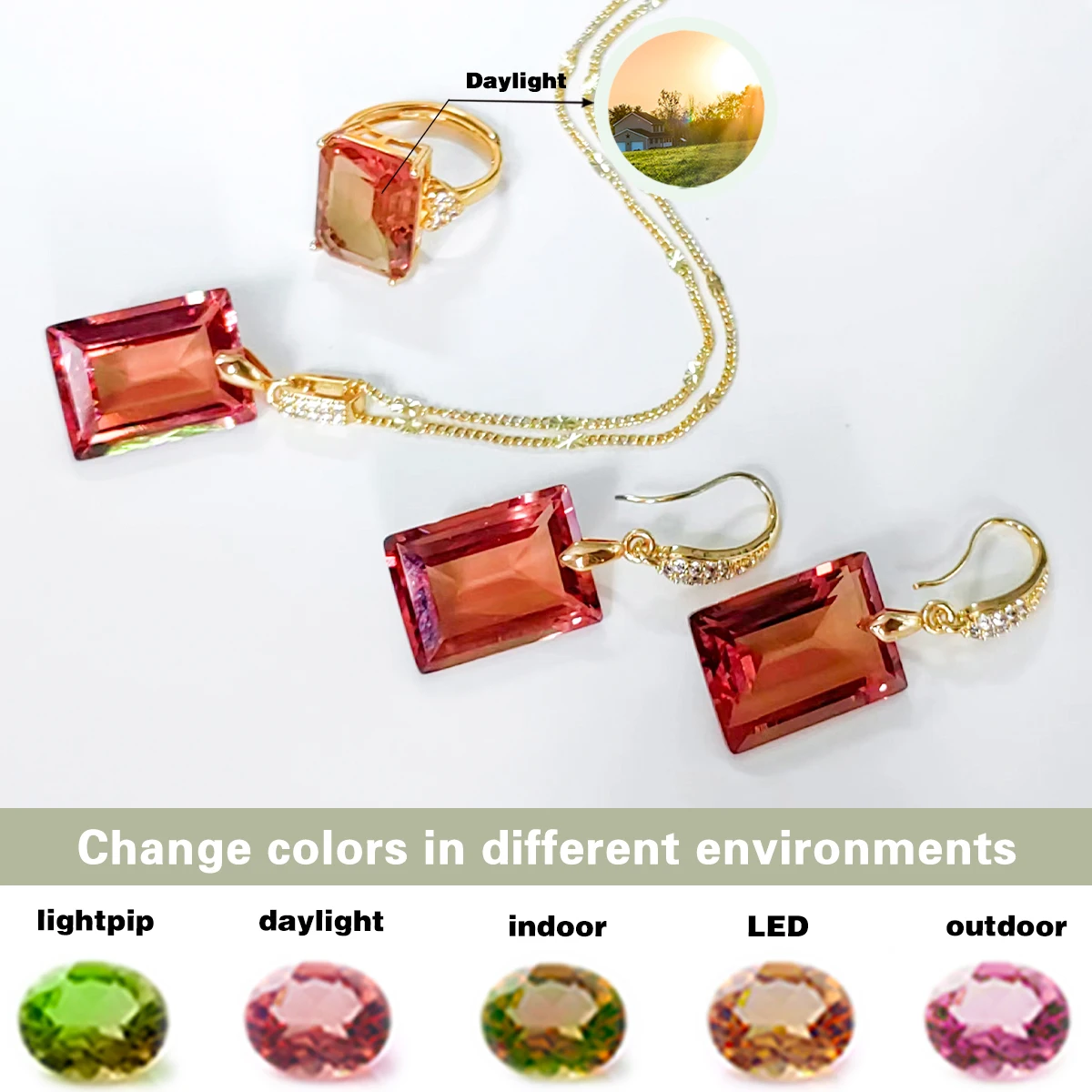 Color-change Sultanite Rectangular stone adjustable ring earrings necklace Jewelry Set for women change color in different light