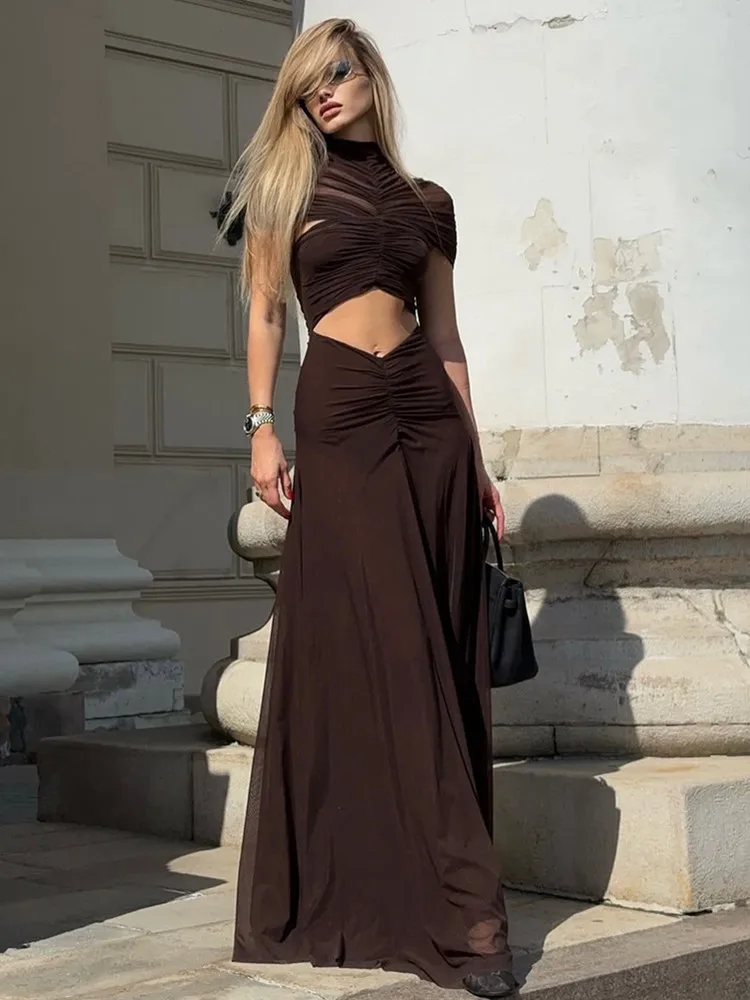 Women Celebrity Sexy Cut Out Brown Black Celebrity Draped Maxi Long Gowns Dress 2025 Elegant Evening Party Club Vestido