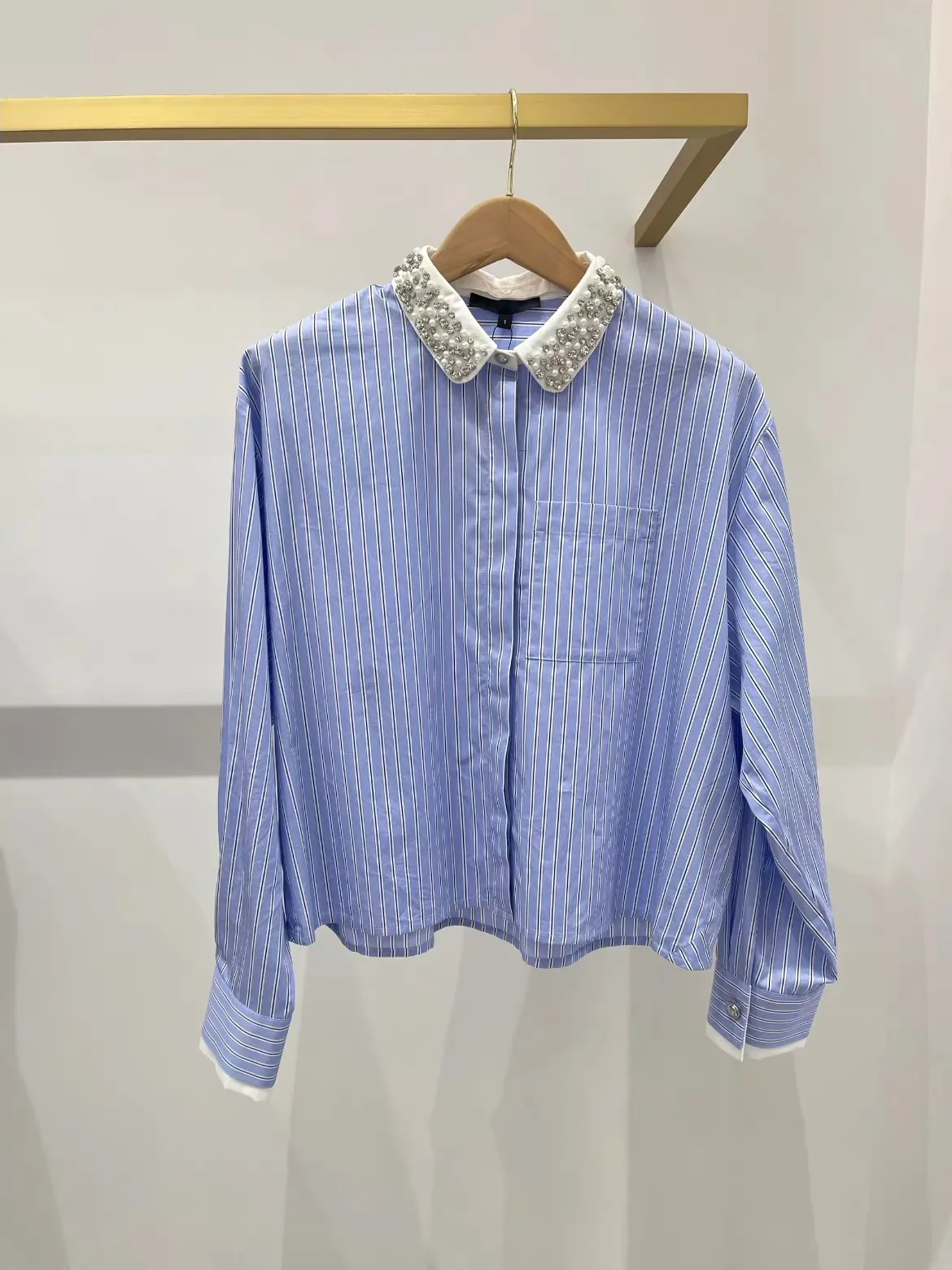 

Синяя рубашка с вертикальными полосками, свободного кроя, с длинными рукавами и воротником-стойкой, из хлопка, весна-лето, новинка, женская модная рубашка во французском стиле