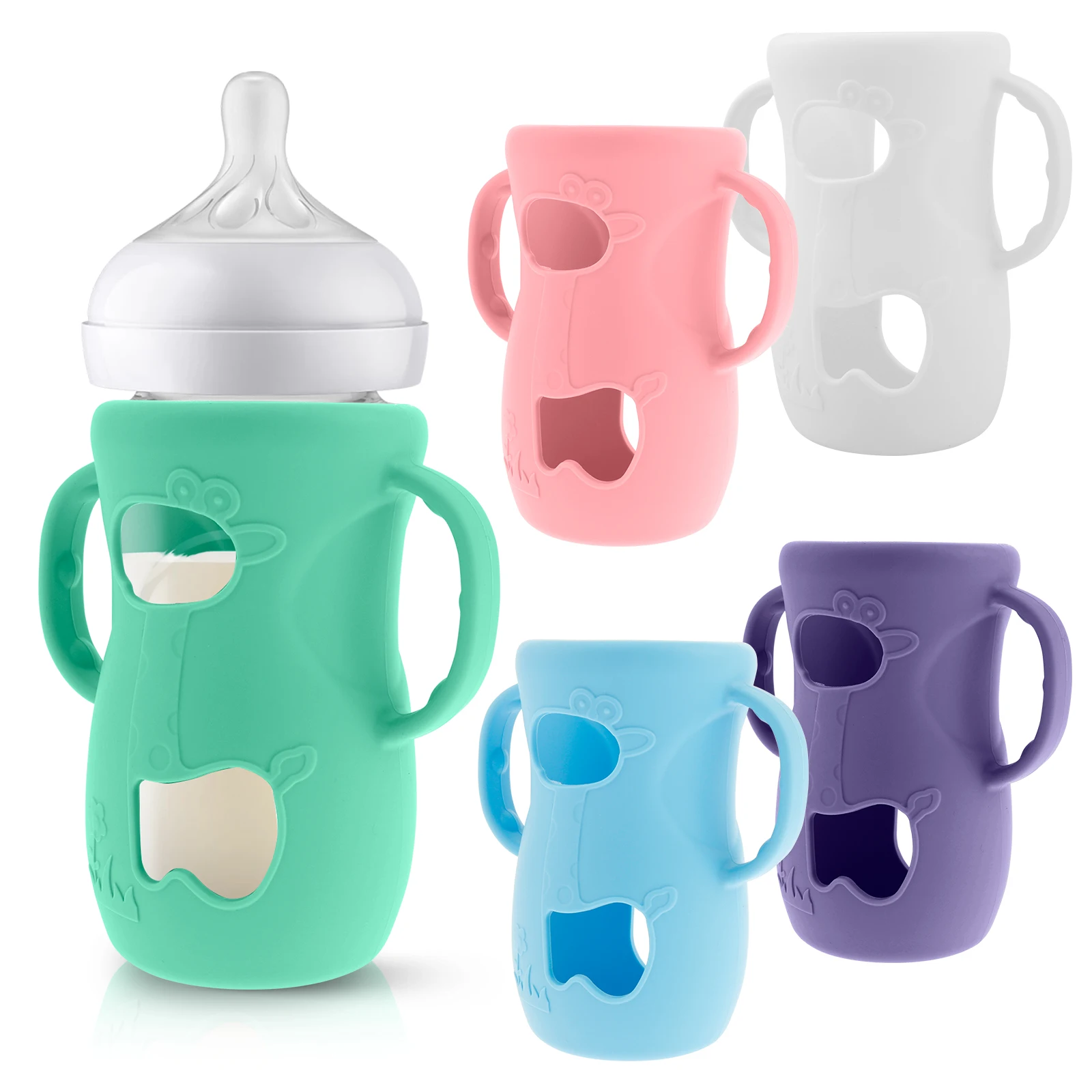 

5Pcs Baby Bottle Silicone Sleeve Easy Grip Baby Bottle Holder Anti Breakage Glass Bottle Silicone Sleeve with Handle and Window