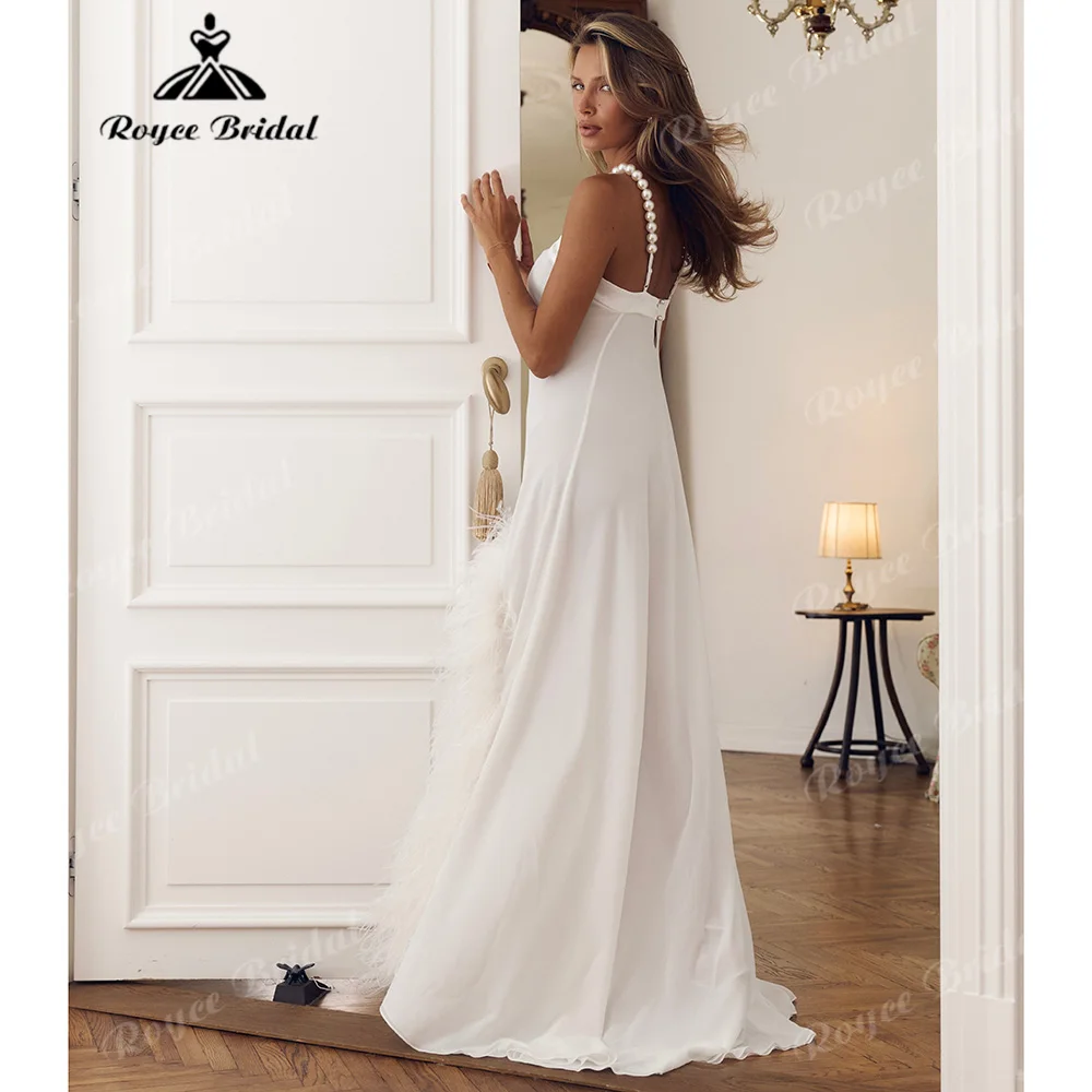 Pearl Halter Neck High‑Low Sheath Wedding Dress Stretch Crepe With Ostrich Feather Trim Sweep Train Vestido De Novia Customized