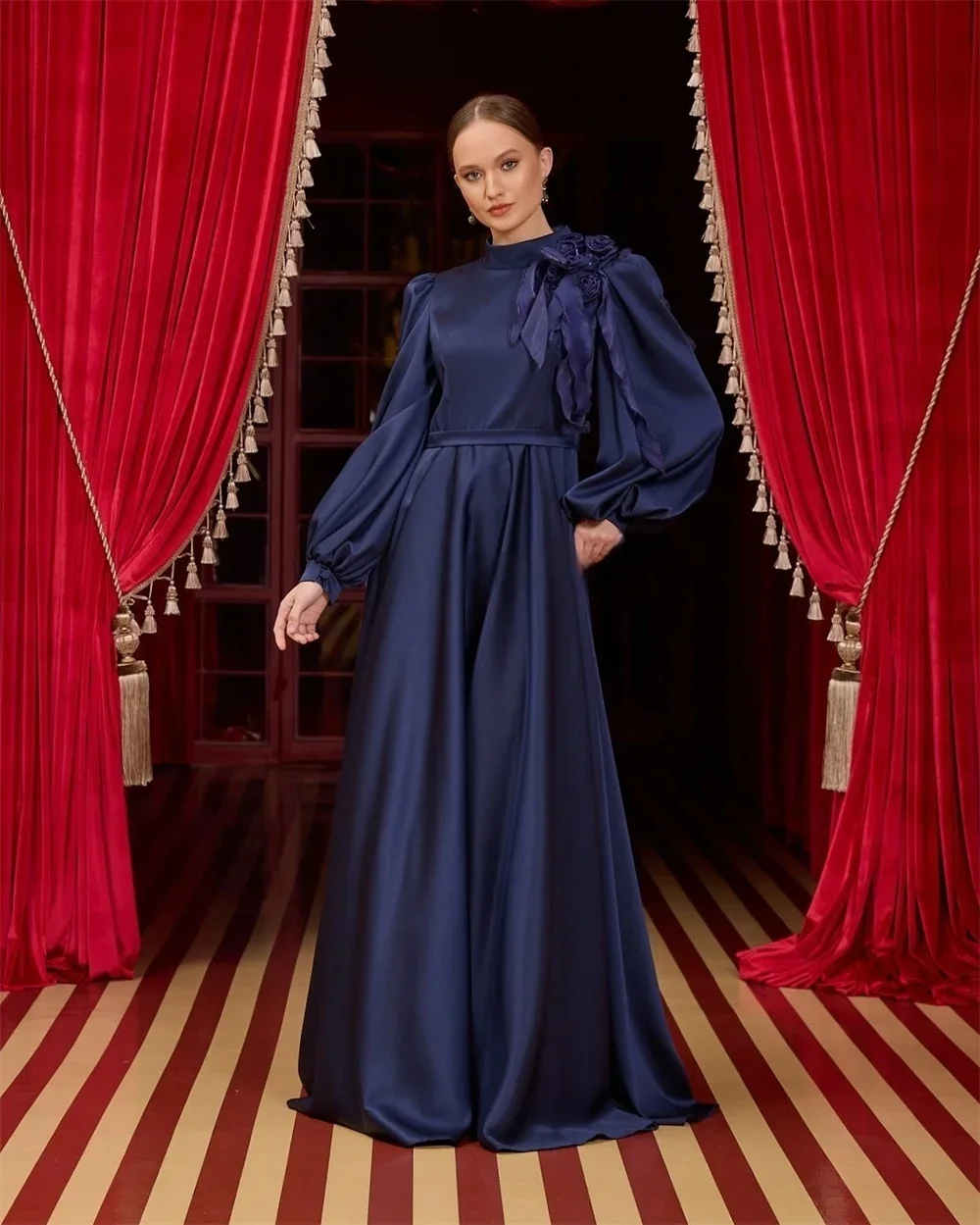 

Blue Women Long Sleeves Bespoke Occasion Gown Evening Dresses Pastrol Unisex Jersey Retro Dubai Saudi Arabic Prom Customized