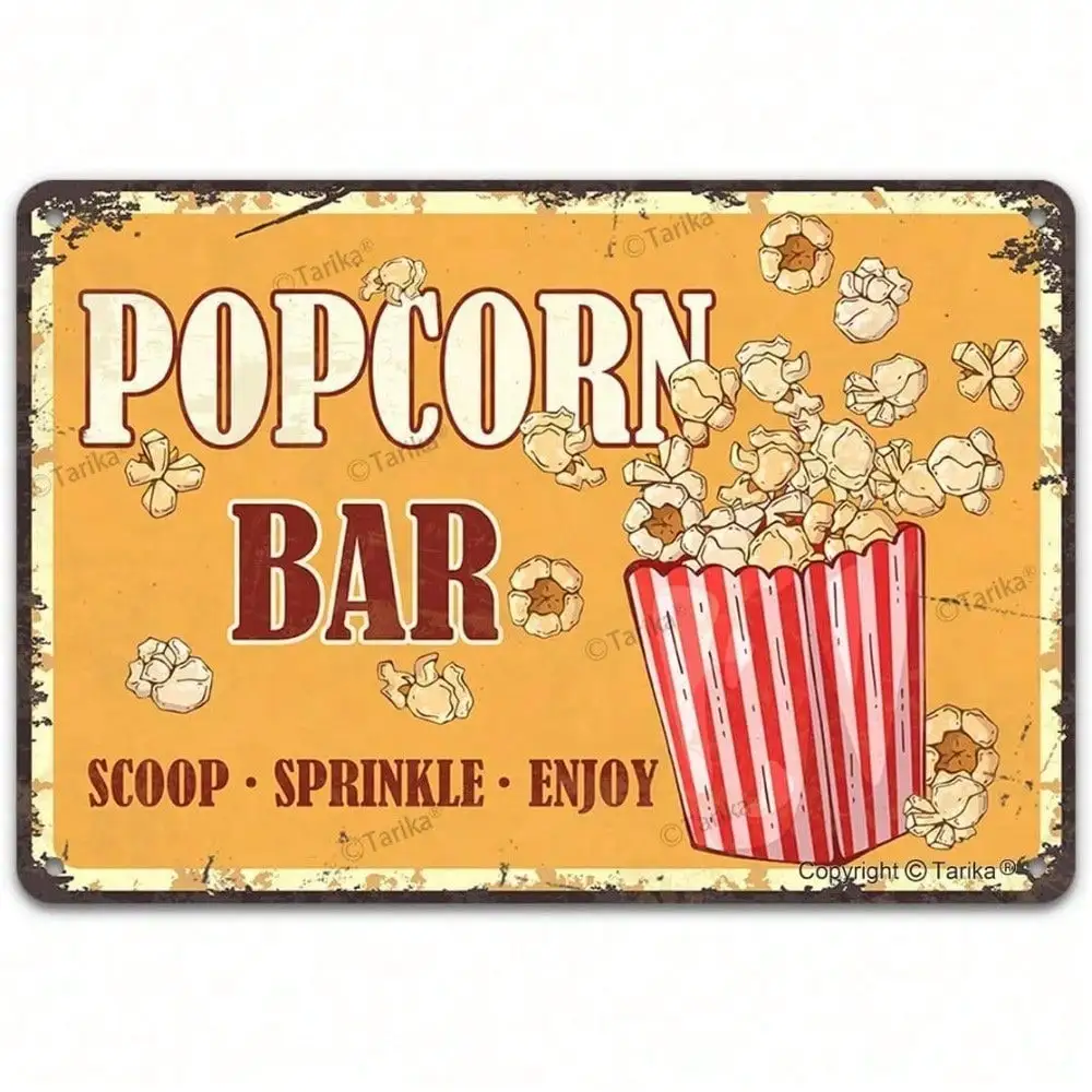 SHEINLC Vintage Tin Sign 8x12 Inch, Rustic Popcorn Bar Wall Art Decor for Kitchen Home Theater Movie Night
