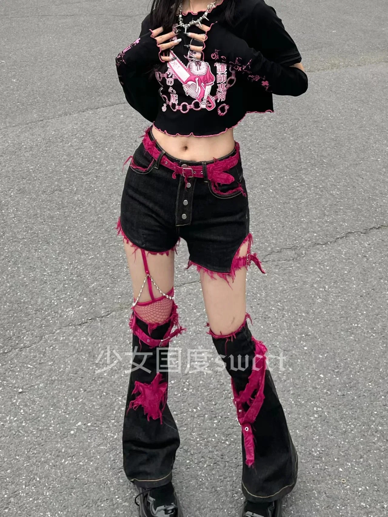 Hot Girls Y2K Subculture Black Pink Denim Shorts Color Collision Hollow Out Tassels Shorts Japanese Cute Sexy Shorts Leg Cover