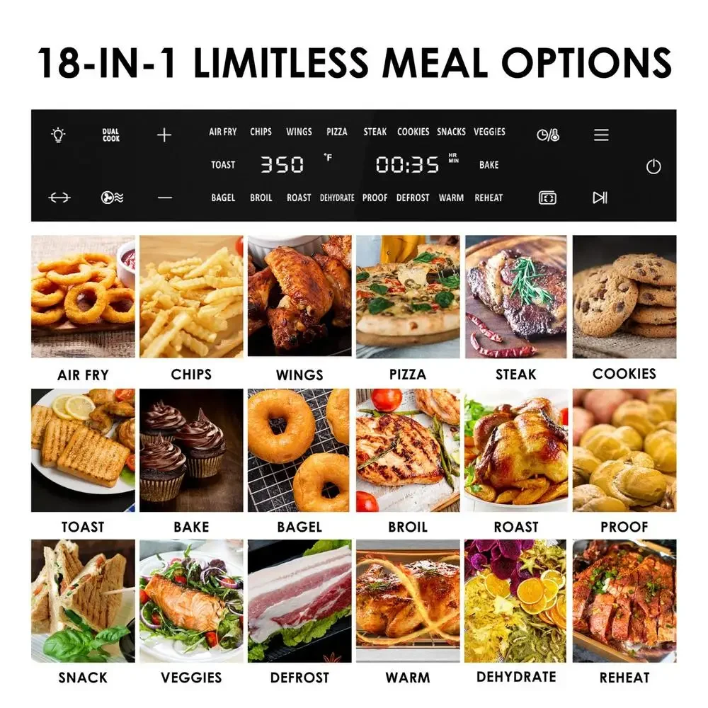 32QT Extra Large Toaster Oven Air Fryer Combo 18-in-1 Convection Bake Roast Broil Toast Dehydrate Rotisserie Timer Dual Function