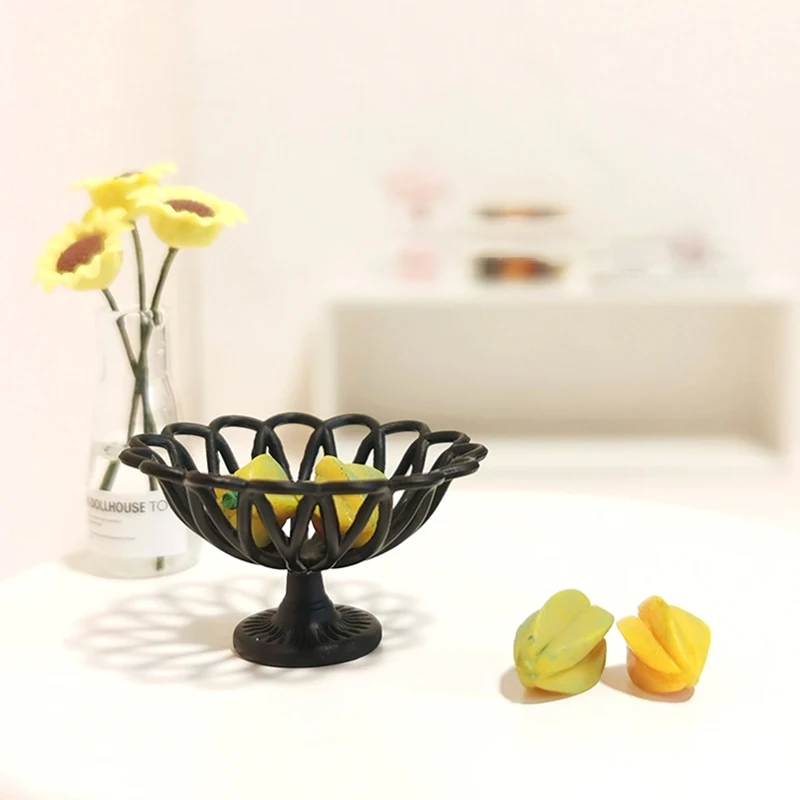 Mini plato de fruta en miniatura para casa de muñecas, simulación de patas altas, modelo de placa de fruta, adorno para sala de estar, juguete de decoración de Micro escena, 1:12