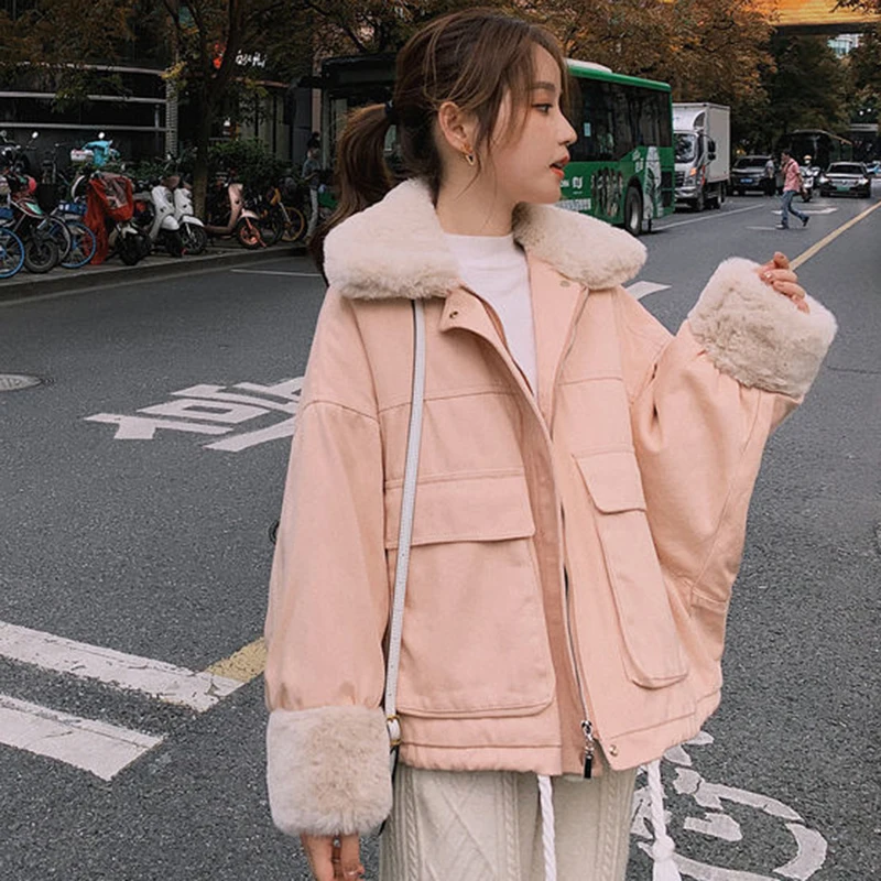 خمر فو الفراء طوق المرقعة القطن وسادة مبطنة المرأة اليابانية جيب كبير الشتاء ملابس خارجية فضفاضة تنوعا امرأة سترات