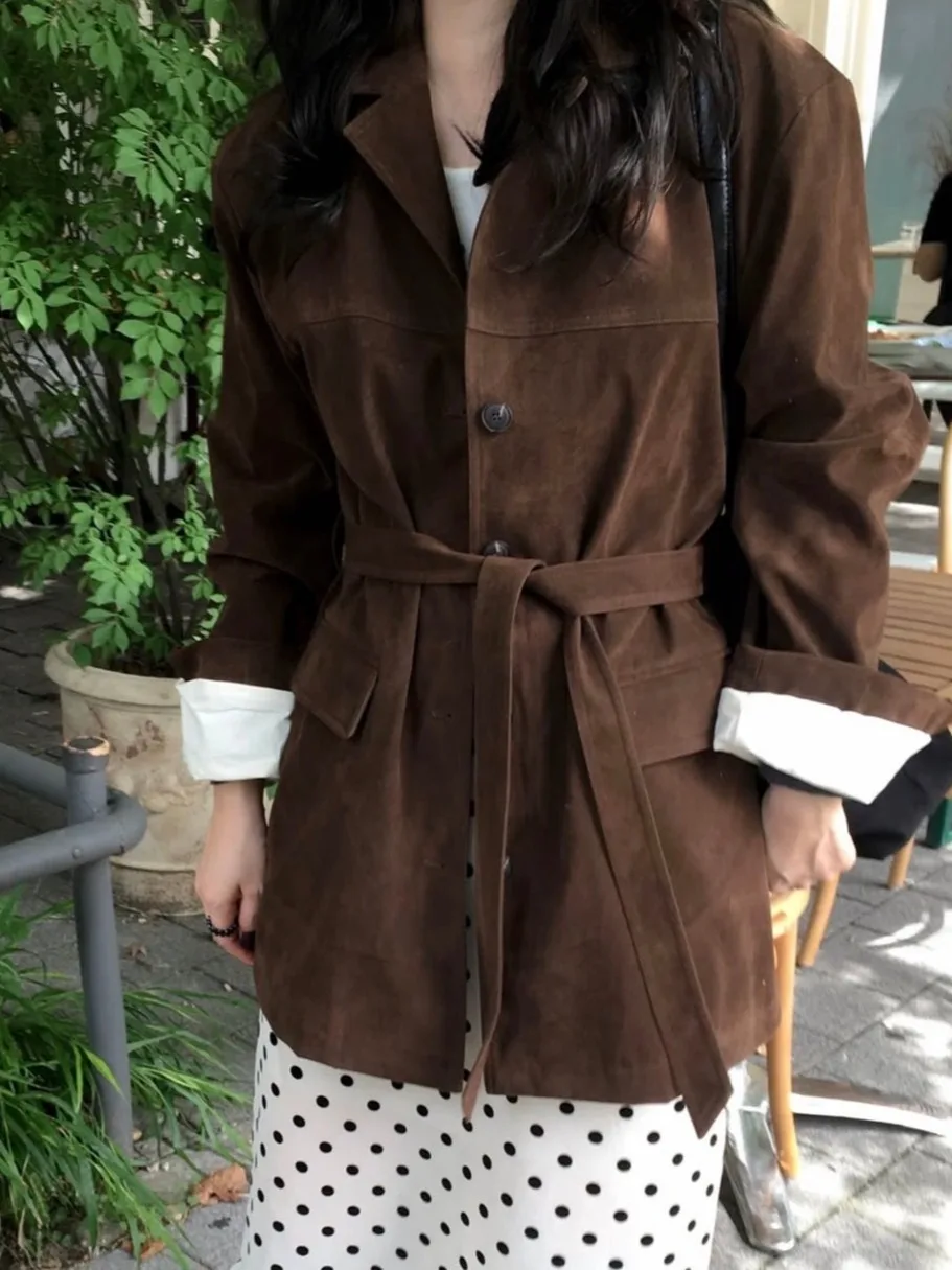 

Бархатное пальто из кожи оленя с эффектом похудения с поясом и воротником костюма для женщин, шикарная осенне-зимняя винтажная верхняя одежда с длинными рукавами