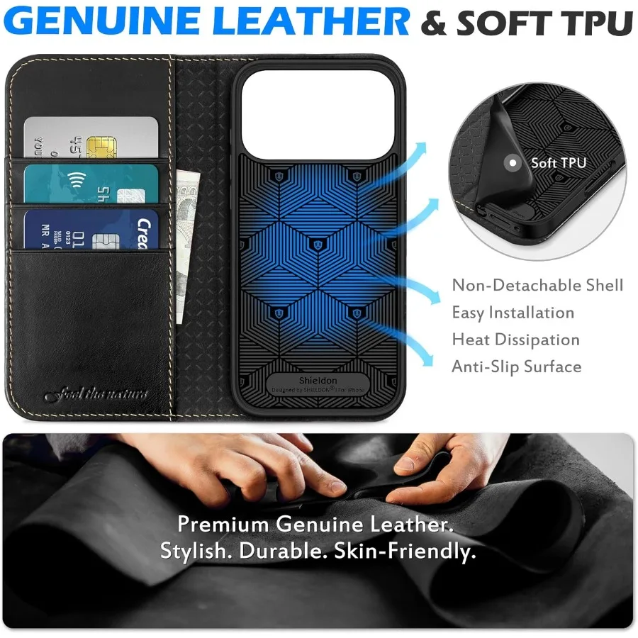 Чехол-кошелек из натуральной кожи для iPhone 17 Pro Max 6,9 2025, держатель для карт с блокировкой RFID и магнитной пленкой, встроенный Kickst