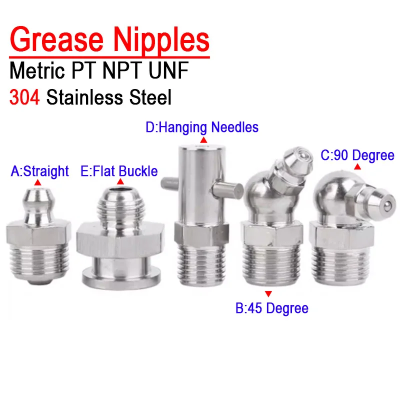 1~5pcs 304 Stainless Steel Grease Nipple PT NPT UNF Metric Inch External Thread Straight Elbow Type Grease Nipple For Grease Gun