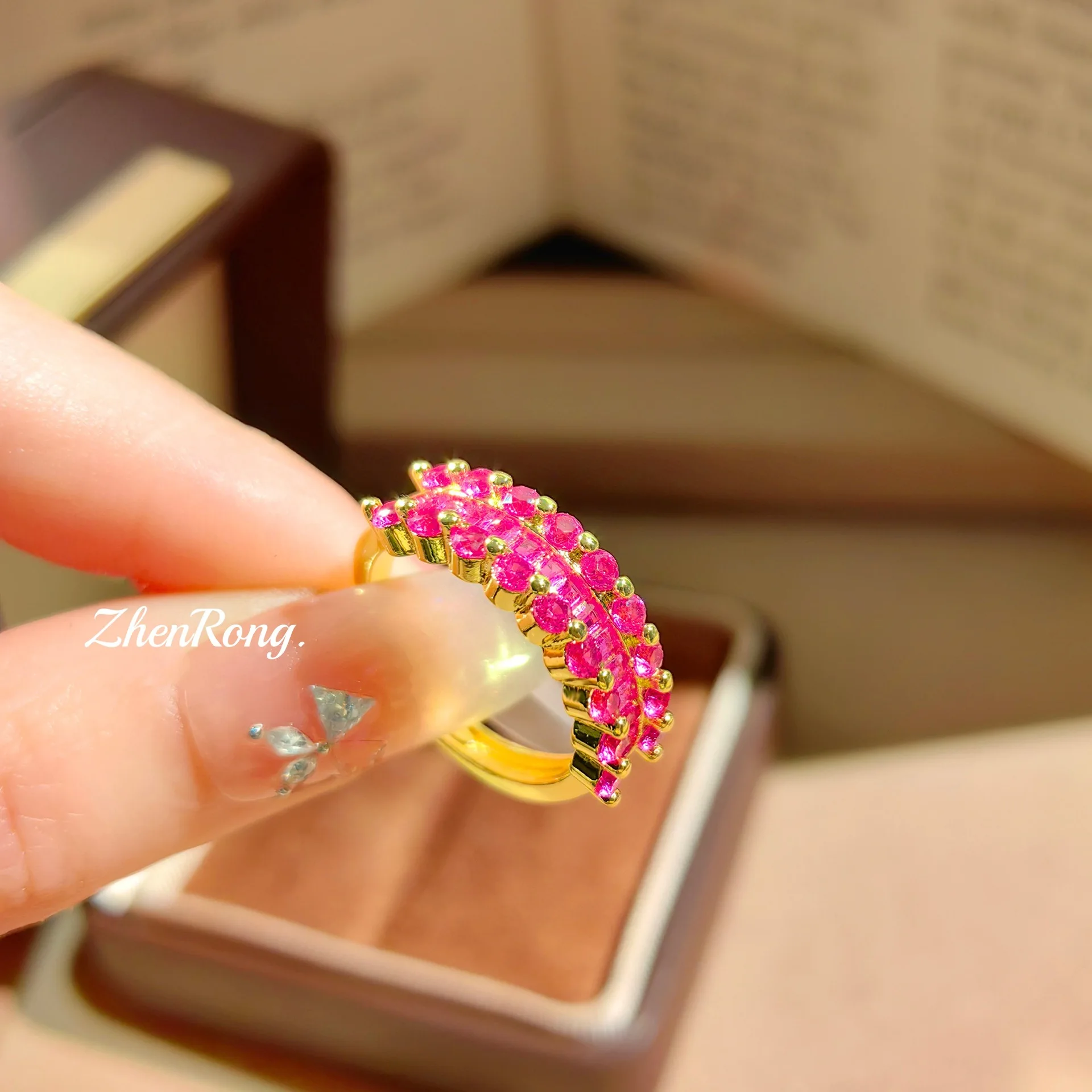 S925 Sterling Silver Gold Plated Red Corundum Full Pave T Square Cut CZ Sugar Half Eternity Band Ring Elegant Fine Jewelry