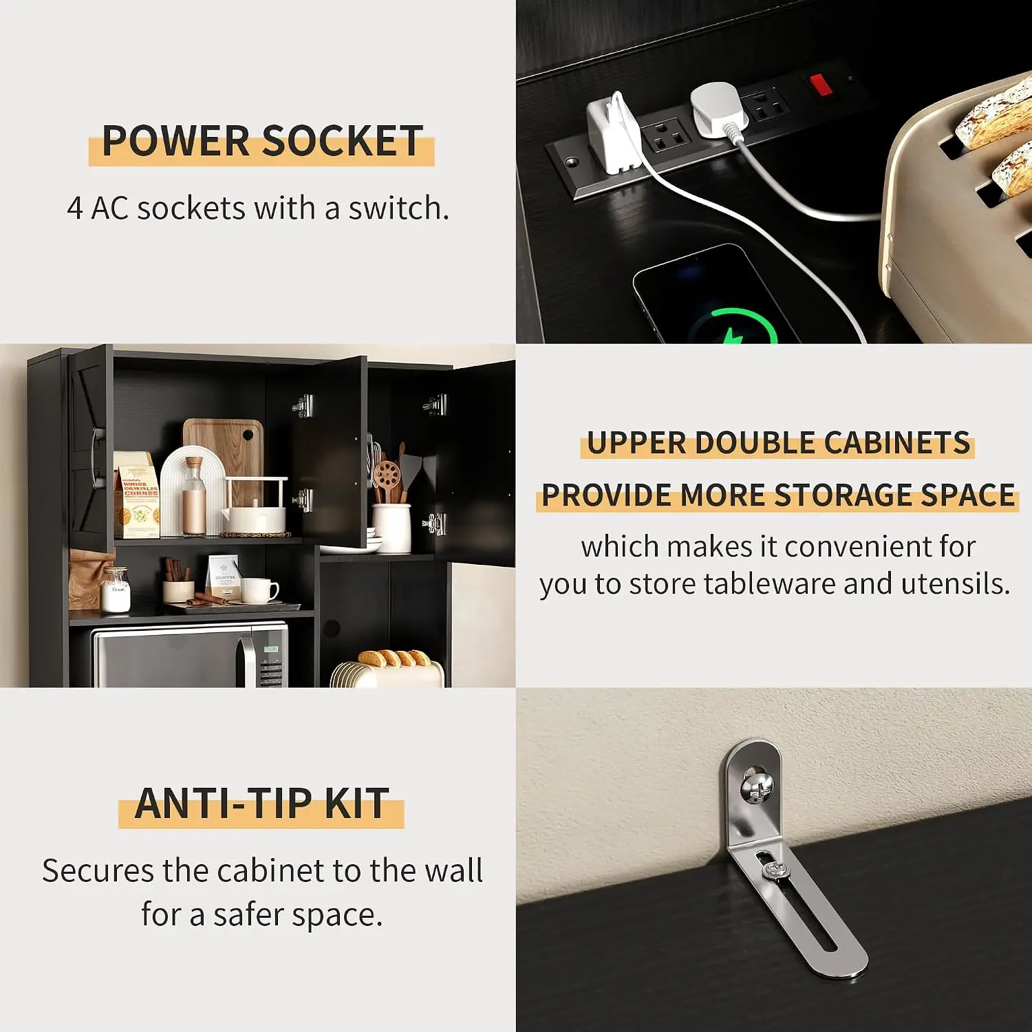 Mini Fridge Cabinet Coffee Bar Stand with Outlet Storage Microwave Shelf Beverage Station for Kitchen Dorm Office, Customized - view 5