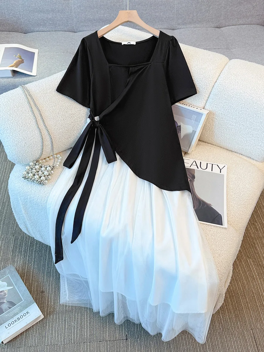 

140Kg Plus Size Women's Bust 141 Summer Loose Gentle Style Irregular Contrasting Color Square Neck Dress 4XL 5XL 6XL 7XL 8XL