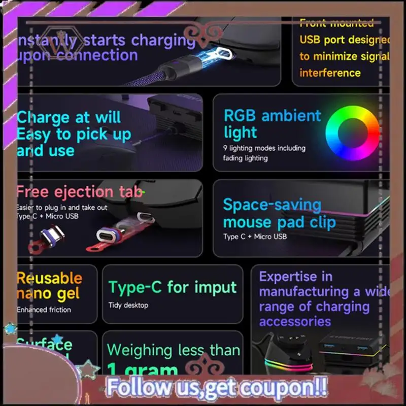 ABBG-RGB Магнитная зарядная док-станция для мыши для Logitech G PRO X SUPERLIGHT 2 MX Master 3S 3 Anywhere VGN VXE R1 Max AJAZZ AJ199