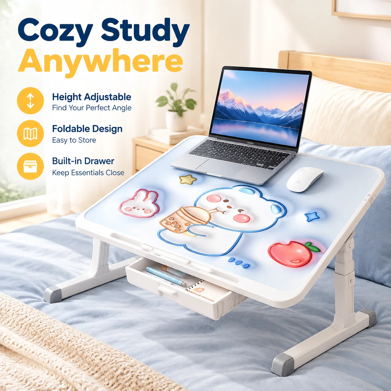 Lifting Lifting Bedside Laptop Table Height Adjustable Foldable Study Desk with Drawer, 0-45° Tilt, T-Shaped Stable Legs for Students - Aliexpress Deal