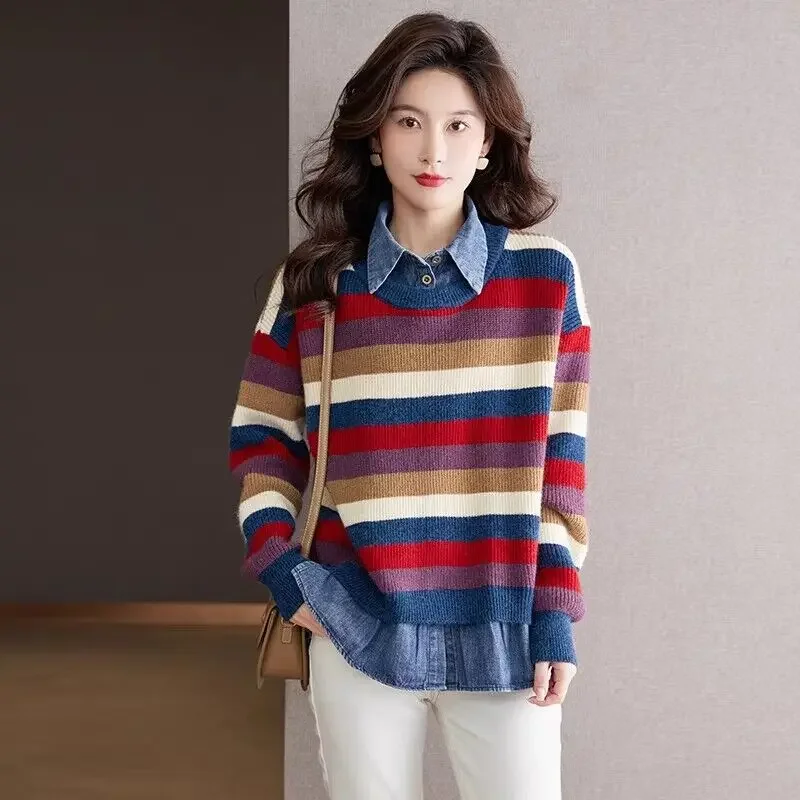 

Autumn Striped Color Blocked Knitted Sweaters Fashion Cowboy Collar Fake Two Pieces Pullovers Women Vintage Loose Jumpers
