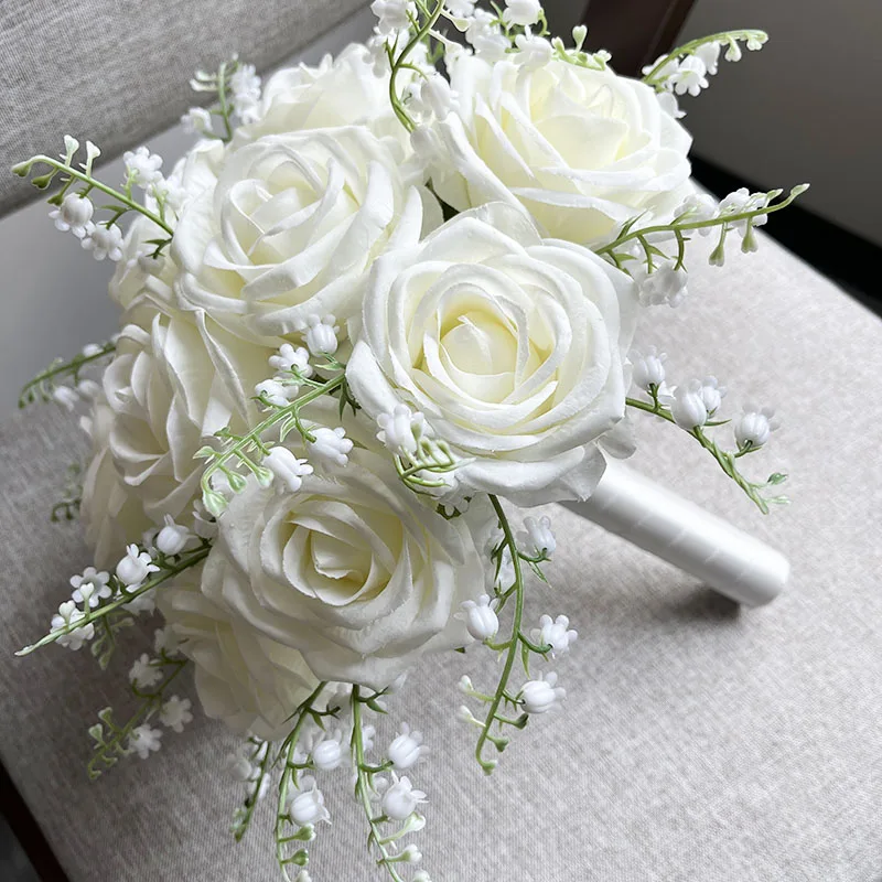 Bouquet de Mariée Blanc Ivoire, Accessoires de Mariage, Fleurs Poubelles Artificielles, Boutonnière du Marié, Demoiselles d'Honneur, Patients