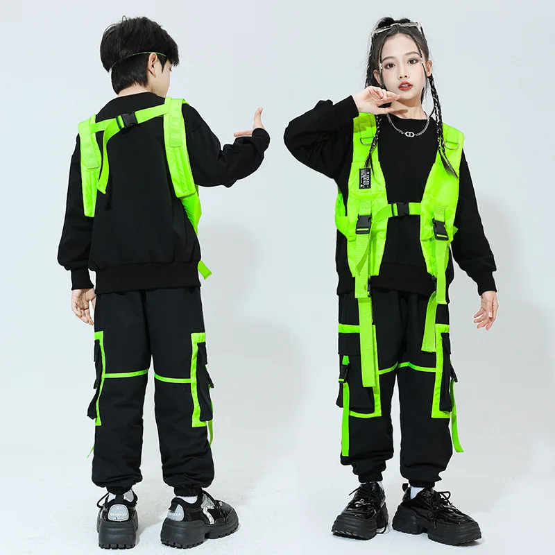 Kid Hip Hop Clothing Green Strap Sleeveless Jacket Vest Top Black Casual Jogger Pants for Girls Boys Jazz Dance Costume Clothes