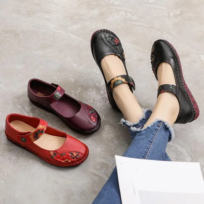 

Women's Large Size 42 Ethnic Style Color-Matched Soft Bottom Flat Shoes Retro Nurse Zapatos De Mujer Comfortable