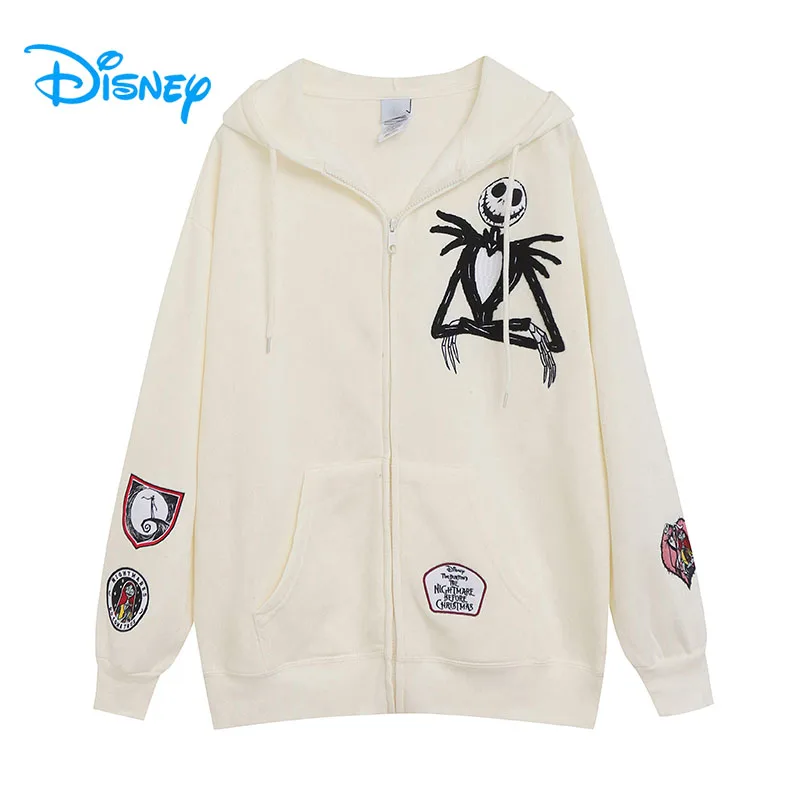 Disney Fleece Hooded Sweatshirt Jack Skellington Embroidery Zip Up Hoodies The Nightmare Before Christmas Jacket Jumper Tops