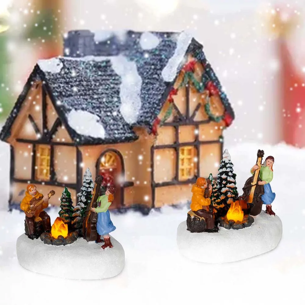 Handbemalte Beleuchtete Weihnachtsdorf-Figur mit Lagerfeuer-Musik-Szene Winterliche Tischdekoration Handgefertigte Weihnachtsdekoration – Detail 5
