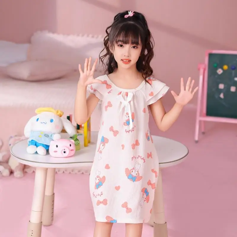 Sanrio Girls Pajamas, Pajamas, Skirts, Home Clothes, Suspenders, Round Neck, Short-Sleeved Home Clothes, Cartoon Hello Kitty